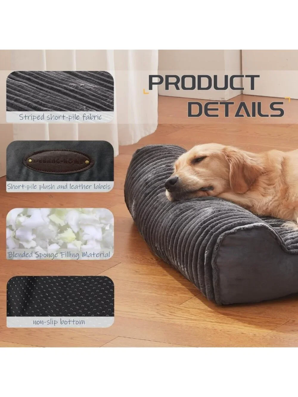 Extra Large Dog Bed with Pillow, Soft Bolster Pet Couch, Non-Slip Crate Bed